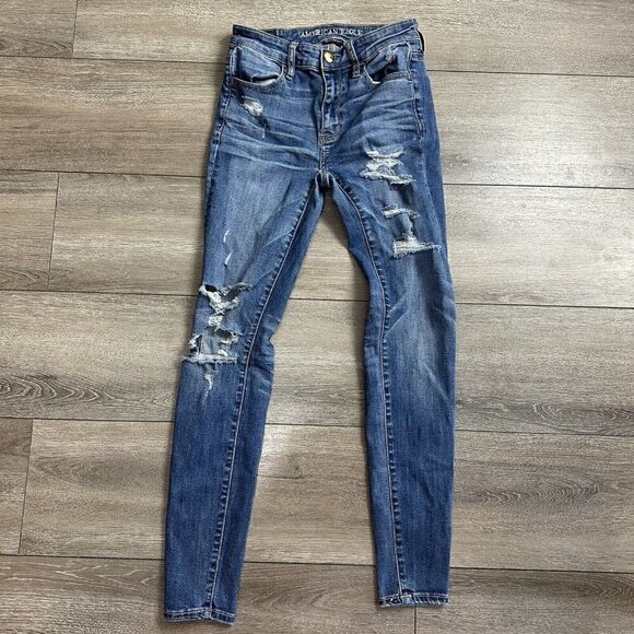 American Eagle Womens Jeans Size 2 High Rise Jegging Distressed Blue Denim - Picture 1 of 6